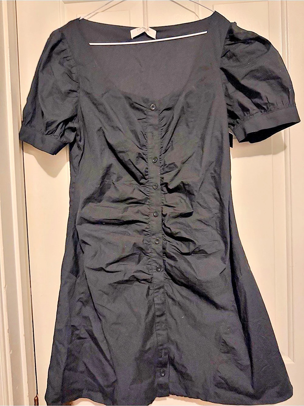 Commense Puff Sleeve Button-Up Ruched Mini Dress Black XL